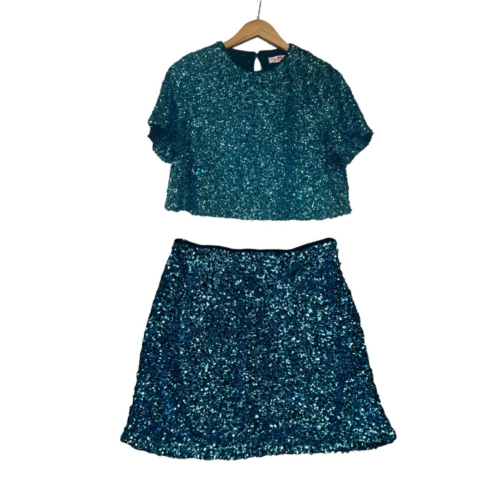 Buddy Love Black and Teal Sequin Cropped Top and Skirt Set